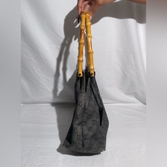 Gucci Bamboo GG Logo Navy Blue Canvas Hand Bag - Picture 10 of 14